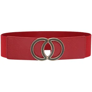 Red elastic waist belt detail, featuring a metallic interlocking buckle for women's dresses.