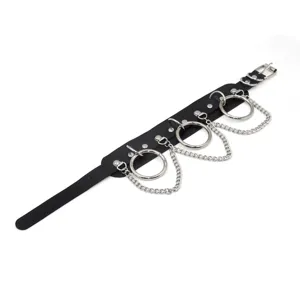 Punk style black PU leather choker necklace with multi O-rings and metal chains for women.