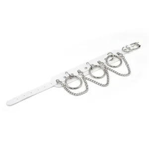 Punk style white PU leather choker necklace featuring metal O-rings and chains detail.