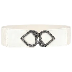 White elastic waist belt product detail, vintage metal heart and rose buckle accessory.