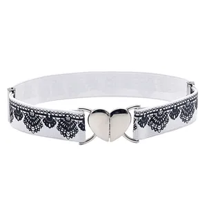 Elegant women elastic waist belt with black lace trim and shiny silver heart buckle.