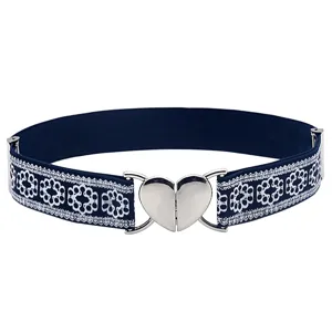 Women's elegant elastic waist belt featuring a navy blue lace pattern and a shiny silver heart buckle.