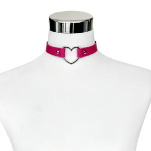 Pink PU Leather Heart Choker Necklace Punk Gothic Style Cute Collar Jewelry Detail View.