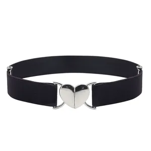 Women elastic waist belt with silver heart buckle for dress down jacket decorative wide band
