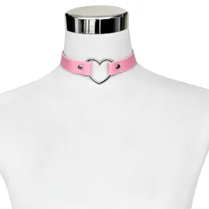 Japanese Harajuku pink PU leather heart choker necklace for women cute fashion jewelry