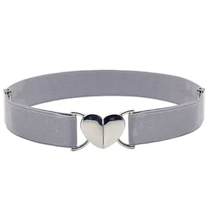 Women Elastic Waist Belt Silver Heart Buckle Dress Wide Waistband Clothing Accessory