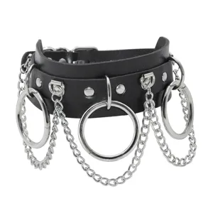 Gothic punk PU leather choker necklace with metal O-rings and chains for edgy fashion styling.