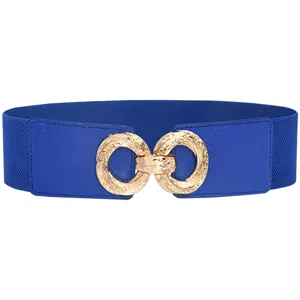 Close-up of women's blue elastic waist belt with gold interlocking circle buckle.