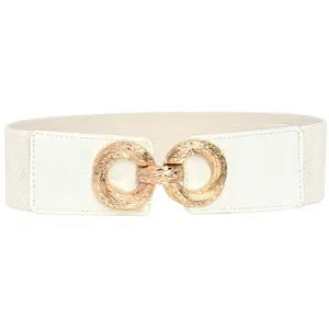 White elastic waist belt detail, gold interlocking round metal buckle, stylish accessory.