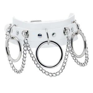 White PU leather punk choker necklace with metal O-rings and chains detail view