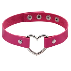 Pink PU leather heart choker necklace gothic harajuku collar for women and girls style.