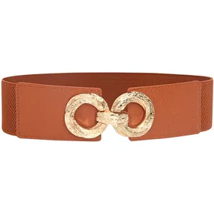 Close-up view of the elastic waist belt showing the shiny gold double ring buckle detail.
