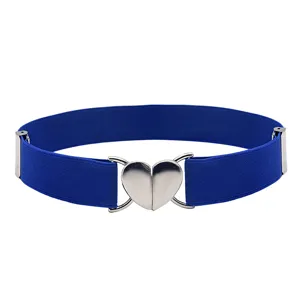 Detailed view of women's blue elastic waist belt with bright silver interlocking heart buckle.