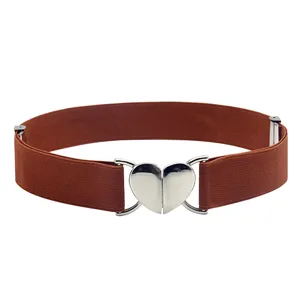 Women Elastic Waist Belt With Silver Heart Buckle Stretch Dress Down Jacket Decorative Waistband Fashion Accessories