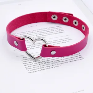 Pink PU leather heart choker necklace with metal ring and snap buttons for women and girls.