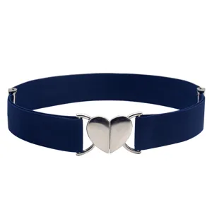 Women elastic waist belt with silver heart buckle for dress coat stretch waistband accessory
