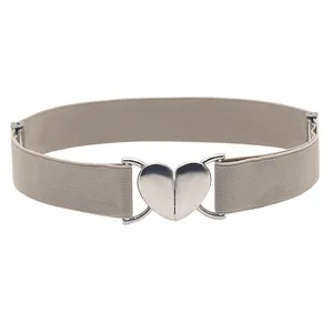 Women elastic stretch belt with silver heart buckle fashionable waist dress coat accessory