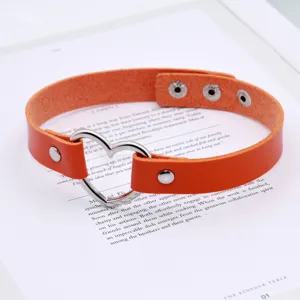 Orange PU leather heart choker necklace, stylish punk collar for women and girls daily wear.