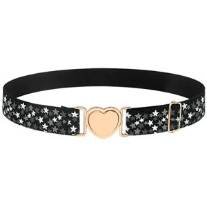 Ceinture élastique avec boucle cœur dorée et joli motif d'étoiles pour femme.
