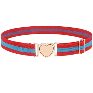 Ceinture élastique avec rayures rouges et bleues et boucle de cœur dorée pour femmes