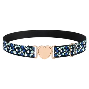 Ceinture élastique avec boucle cœur dorée et joli motif d'étoiles bleues pour femme.