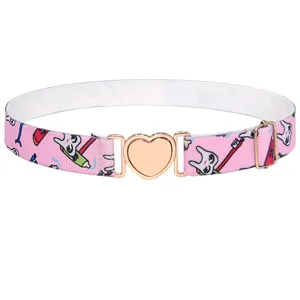 Ceinture élastique rose pour femme avec boucle cœur dorée et motif dent, réglable.