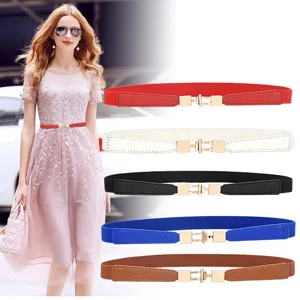 Women Casual Faux Leather Thin Dress Belt Elastic Stretch Waistband Metal Buckle Versatile Fashion Waist Belt