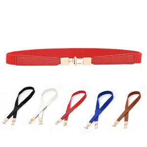 Women thin elastic waist belt with metal buckle, stretch slim dress decorative belt in multi colors.