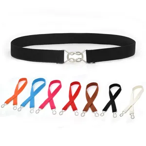 Women elastic waist belt metal buckle skinny stretch dress pants waistbands multi color.
