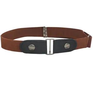 Elastic invisible belt buckle detail, brown elastic band and black pu leather ends.