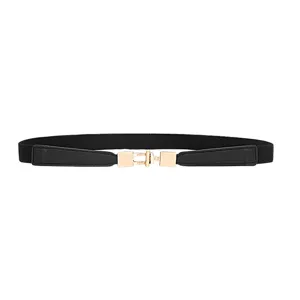 Black elastic waist belt with gold metal buckle for women dress skinny slim stretchy strap