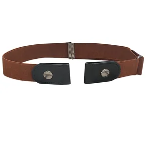 Brown elastic stretch belt with buckle-free invisible design, comfortable casual jeans belt.