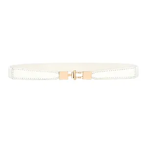 Women white elastic thin waist belt with gold metal buckle for dresses and daily use.