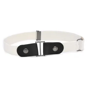 Close-up detail of white elastic invisible belt featuring black faux leather tabs and metal buckle.