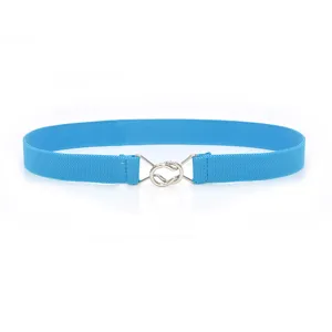Blue elastic waist belt for women with silver metal buckle, slim dress accessory detail view.