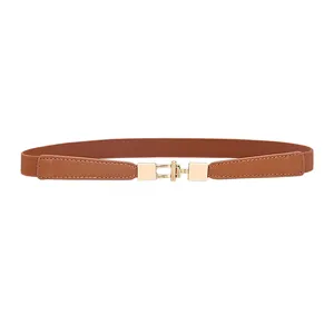 Close-up detail of women's brown elastic slim belt with gold metal buckle for dresses.