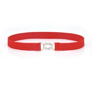 Close-up detail of the red elastic waist belt featuring a stylish silver metal buckle.