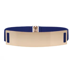 Brede gouden spiegel metalen plaat elastische taille riem voor vrouwen blauw