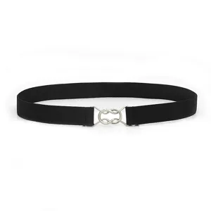 Women black elastic waist belt with silver metal buckle detail, versatile dress accessory.