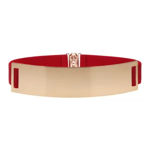 Dames brede elastische taille riem met gouden spiegel metalen voorplaat rode jurk