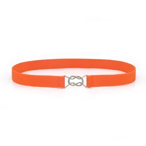 Women's orange elastic waist belt with metal buckle, versatile dress decorative belt.