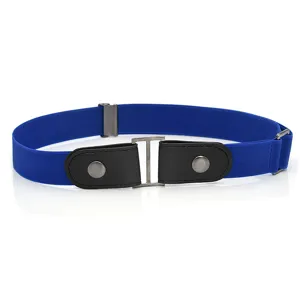 Detailed view of the blue stretch invisible belt with black leather ends and metal buckle.