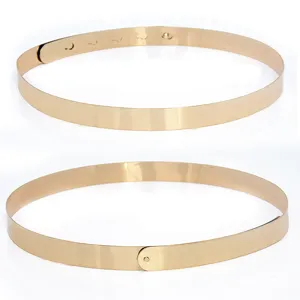 Vista detallada del elegante cinturón de metal dorado que muestra la hebilla y acabado.
