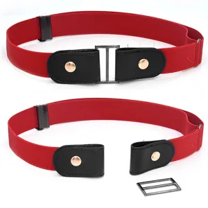 Elastic stretch invisible buckle free belt detail showing red strap and metal clasp.