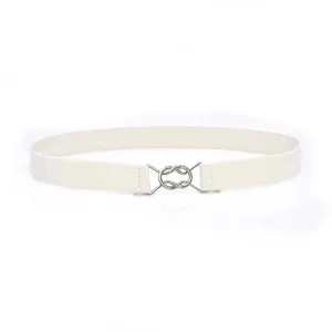 Detailed close-up view of the women white elastic waist belt with metal buckle.