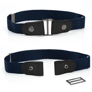 Blue elastic invisible waist belt with leather ends for jeans, comfortable lazy stretch belt.