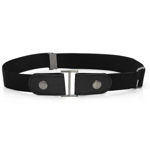 Detail view of the black elastic stretch belt with metal clasp and leather ends, buckle-free.