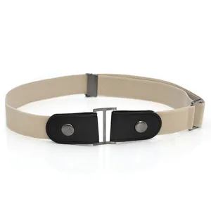 Close-up detail of the elastic invisible belt with faux leather ends and metal buckle.