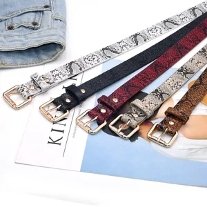 Women's Retro Snake Print Thin PU Leather Belt Fashion Casual Dress Jeans Decorative Skinny Waist Belt Gold Square Pin Buckle