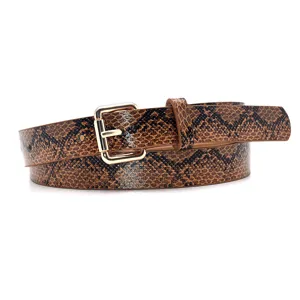 Detailed view of the women retro snake pattern thin belt with elegant gold square buckle.
